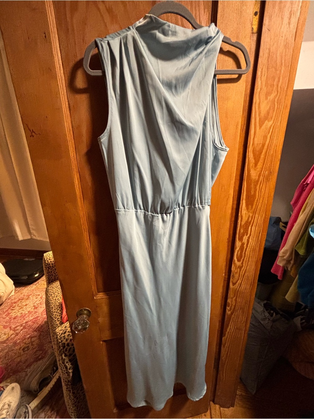 Sleeveless Light Blue Midi Dress with Draped Back